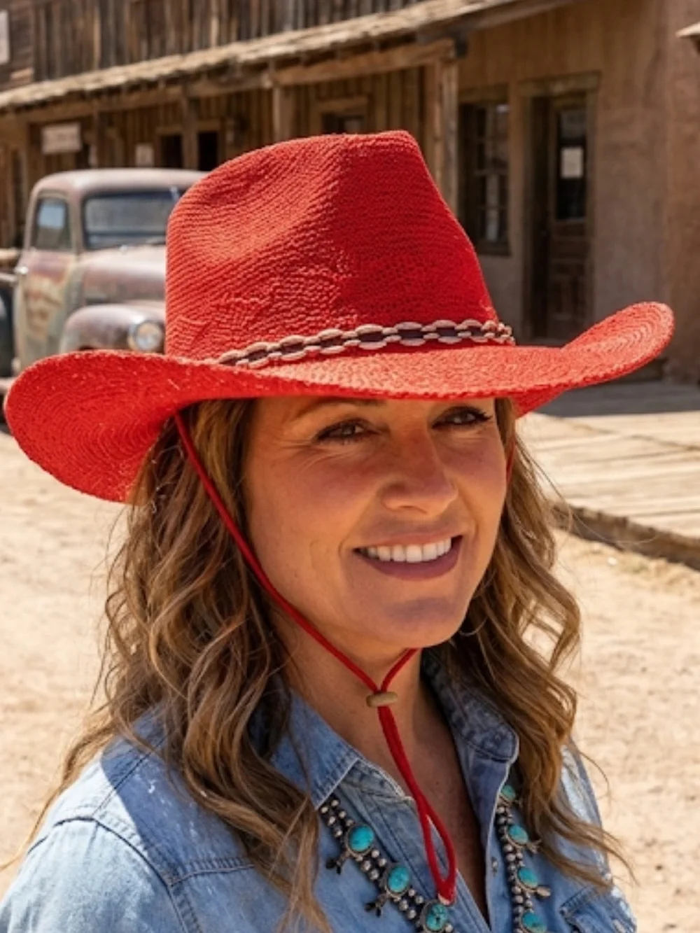 Red Woven Knit Cowboy Hat with Gold Ribbon Accent Chin Strap Summer Western Hat - Picture 1 of 11